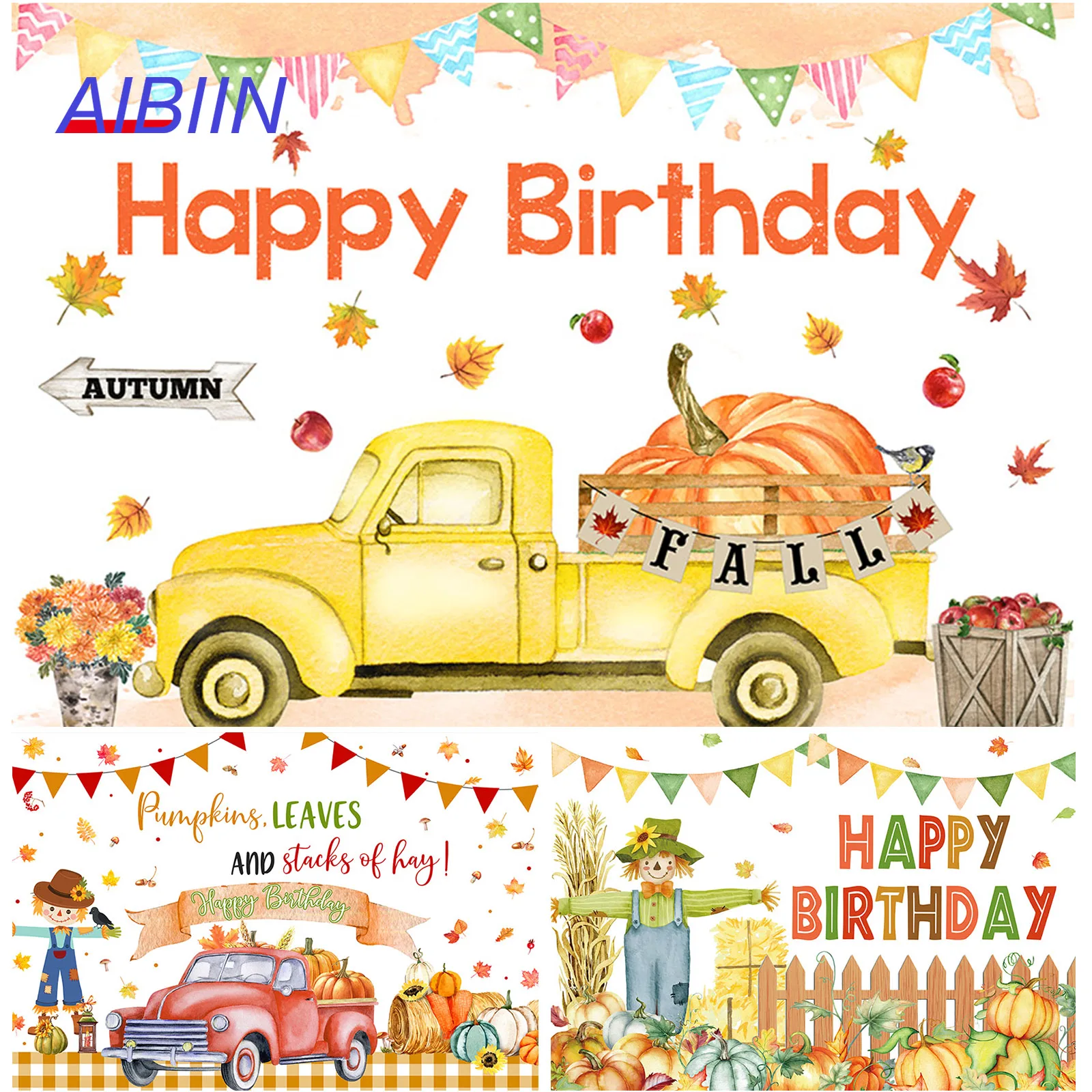 

AIBIIN Fall Pumpkin Happy Birthday Party Decor Backdrop Truck Harvest Scarecrow Autumn Maple Leaf Photography Background