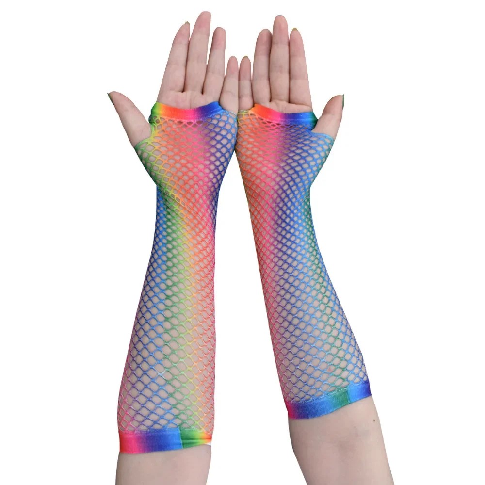 

Rainbow Fishing Net Gloves Fashion Hip Hop Gloves Elastic Nylon One-size for All Gloves Dancing Party Decorative Gloves