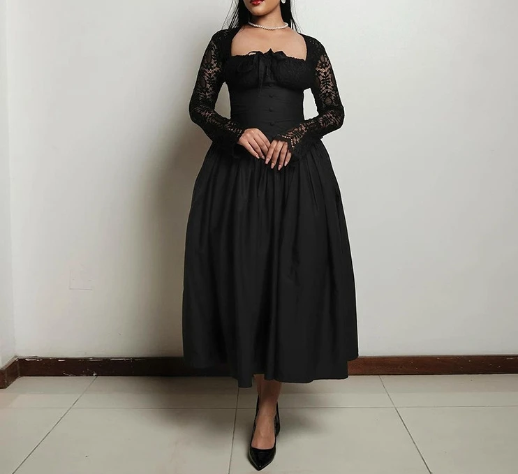 

Women's Elegant Dress 2024 Spring Summer Latest Sweet Fresh Solid Color Party Square Neck Lace Long Sleeve Waist A-Line Skirt