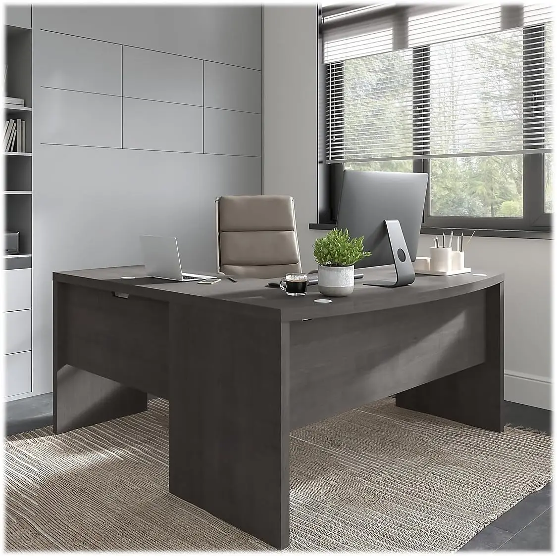 Echo L Shaped Bow Front Office Desk in Charcoal Maple, Modern Computer Table for Home or Professional Wo 2