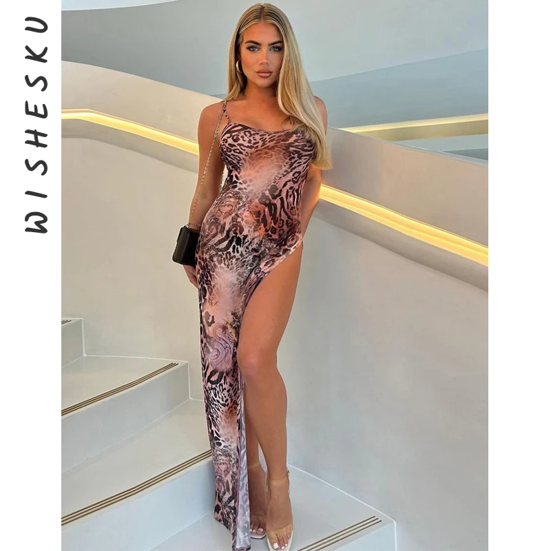 

Leopard Print Mesh Sheer Sexy Summer Dresses For Women 2024 Trending High Slit Backless Long Dress Vacation Outfits Y2K Clothing