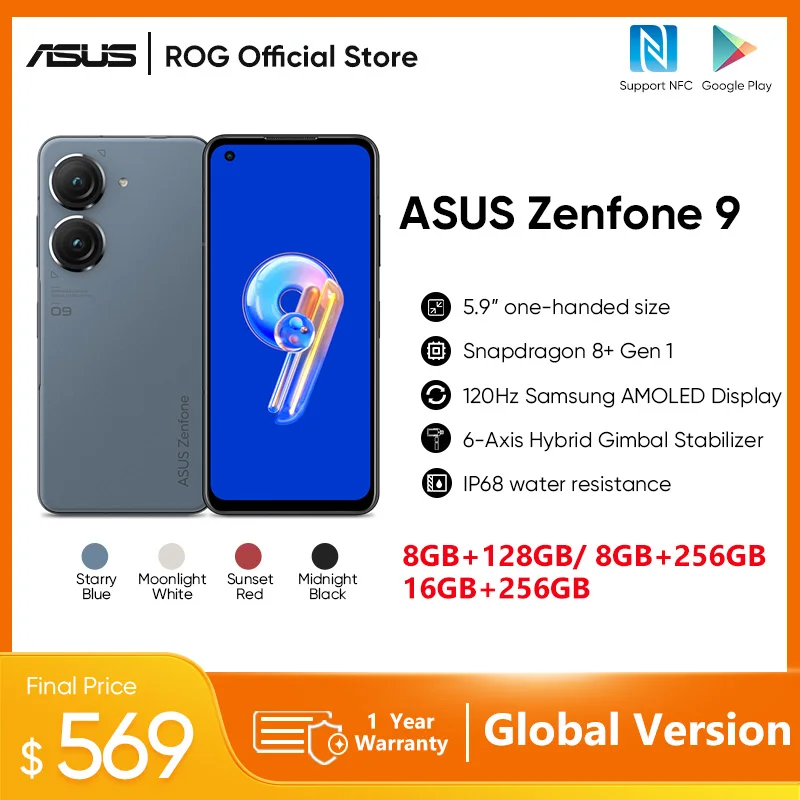 ASUS Zenfone 9 5G Snapdragon 8+ Gen 1 5.9'' 120Hz AMOLED Screen 4300mAh 30W Fast Charging IP68 waterproof smartphone OTG NFC