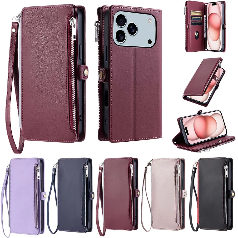 Zipper Wallet Flip Case with Card Slots and Strap - Premium Back Cover