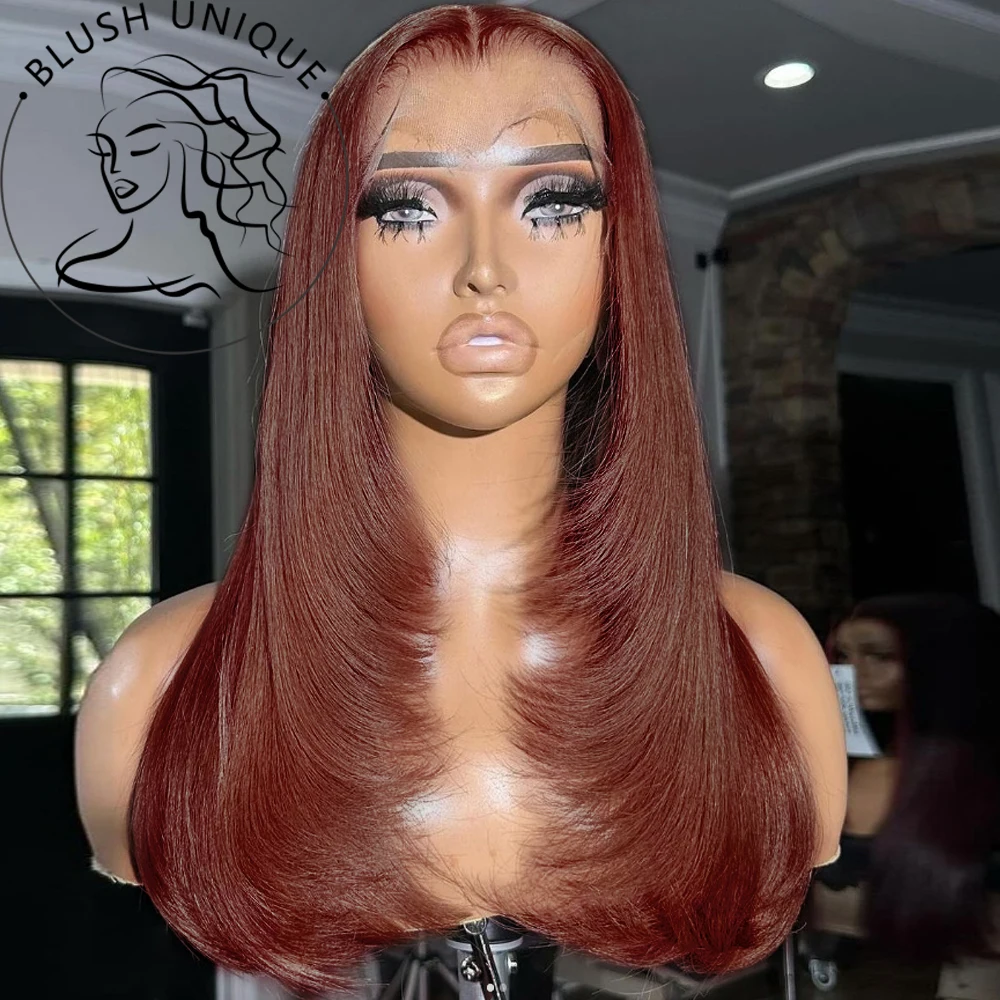 

13x4 HD Reddish Brown Layered Front Wigs Synthetic Glueless Copper Red Lace Wigs For Black Women Natural 613 Straight Lace Wigs