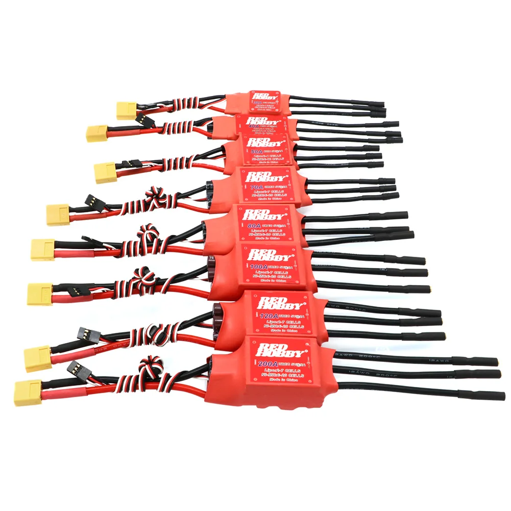 Vue d'ensemble de l'ESC Brushless 30A-200A 2-7S pour drone RC multicoptère, avec étiquette.