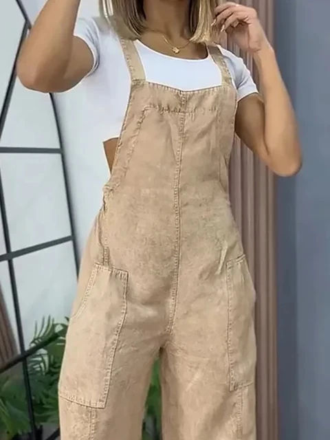 جديد 2025 مكتب سيدة الصلبة السراويل الطويلة رومبير الملابس النسائية جيب مستقيم بذلة موضة الجوف أكمام حبال Playsuit