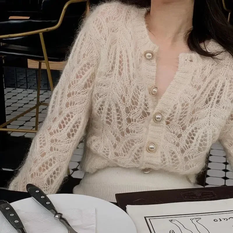 

Sexy Hollow Out Knitted Cardigan Women Elegant French Mohair Coat Female Solid Soft Sweet Long Sleeves OpenworkSweater Cardigans