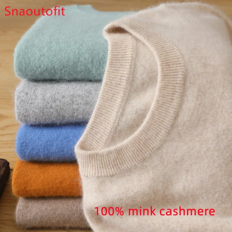 

Men's 100% Pure Mink Cashmere Sweater O-Neck Pullovers Knit Sweater Autumn and Winter New Long Sleeve High-End Jumpers Mink Tops