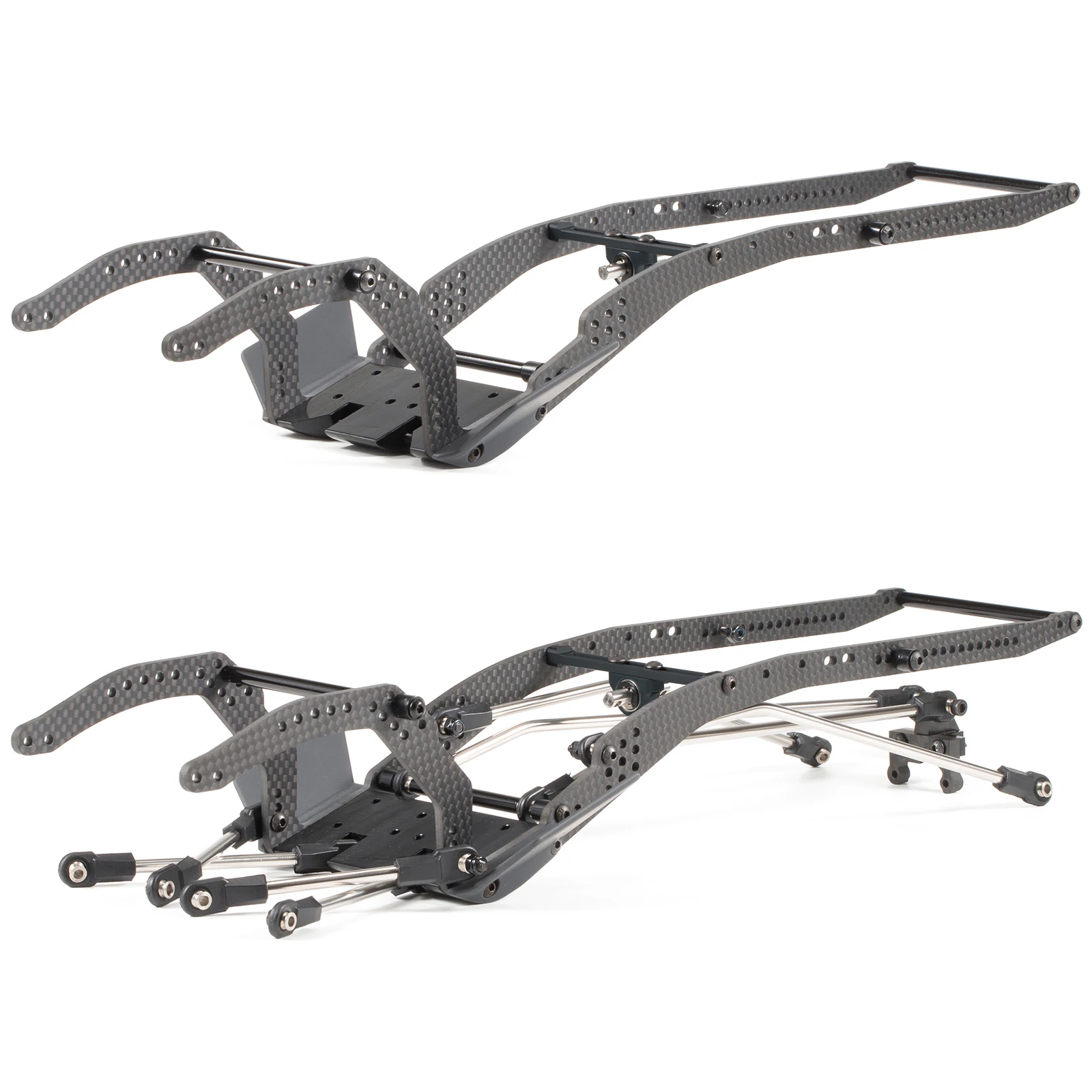 Vue d'ensemble du kit châssis et liens fibre de carbone LCG pour RC rock crawler 1/10, montrant la structure légère