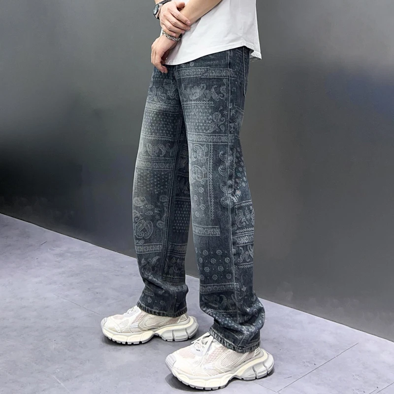 spring and summer Non-stretchy 100% Cotton Denim Jeans For Men Loosen Streetwear Ink Sprayed Pants 2024 new product