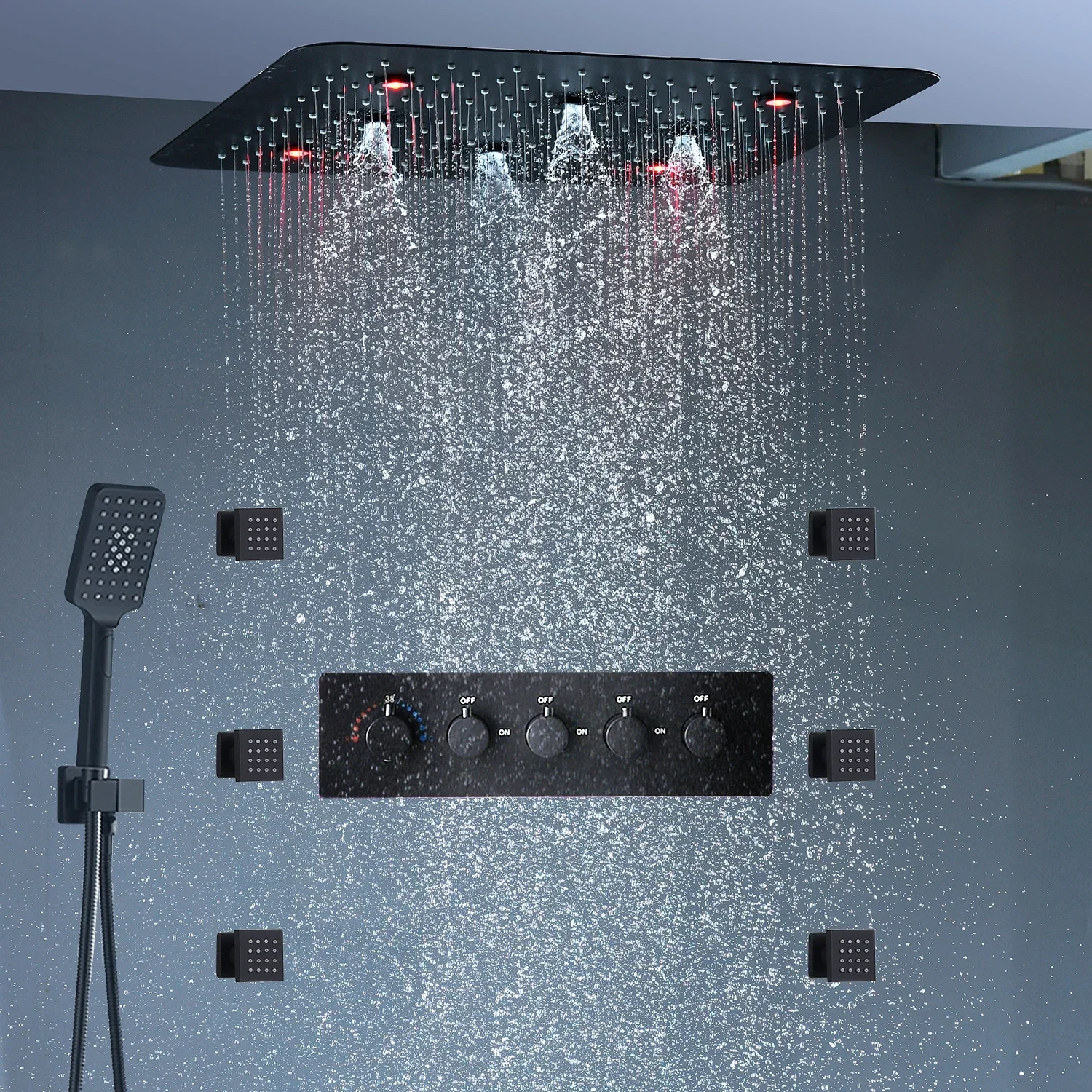 20inch 50x50cm Shower Head Panel Faucet Rain Mist Laterfal Jets Thermostatic Valve Mixer System SPA Massage Set