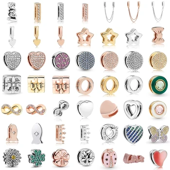 정품 925 스털링 실버 도금 골드 로즈 골드 크라운 선물 상자, 나비 클립, 댕글 비즈, 판도라 플랫 팔찌 쥬얼리에 적합