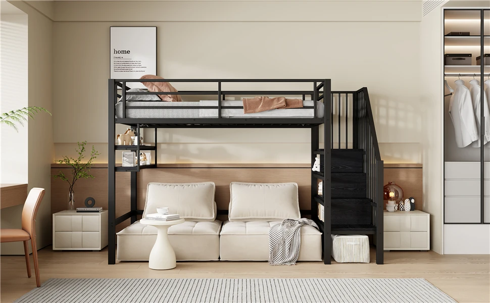 Hochbett, 90*200cm, Regale, Aufbewahrungstreppe, Stauraum unter dem Bett für Verkleidung, Geländer, ohne Matratze, schwarz – Detail 18