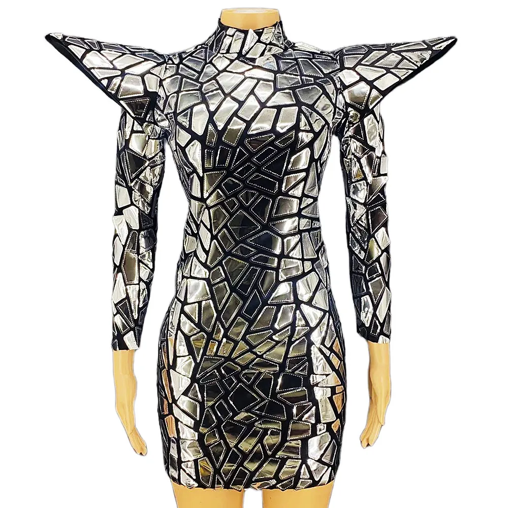

Silver Shining Mirror Sequins Long Sleeves Sexy Women Dress Stage Fashion Show Model Costume Singer Cloth Party Club Wears