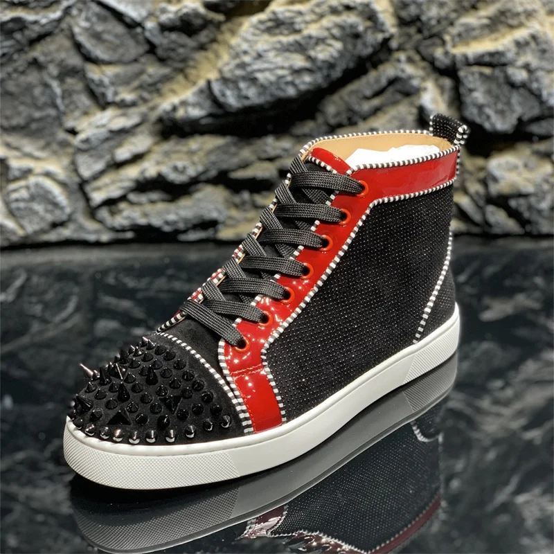 Luxury Designer Black Crystal Leather Red Bottoms High Tops Rivets Shoes  For Men's Casual Flats Loafers