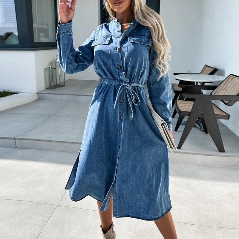 

Casual Long Sleeve Lace-up Party Dress Elegant Stand Collar Single-breasted Long Dresses Women Fashion Washing Denim Shirt Dress