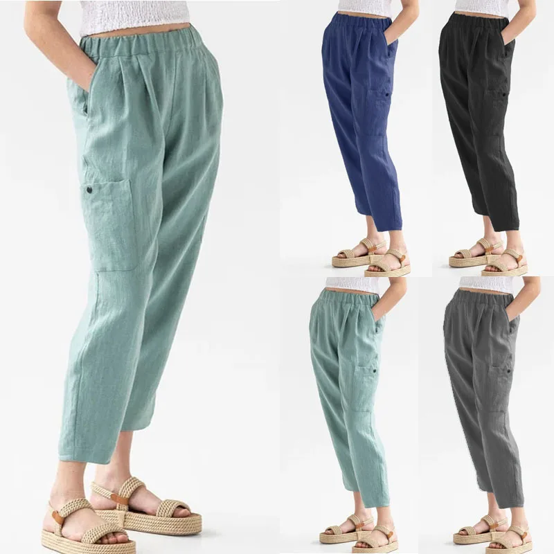 Fashion Cotton Linen Pockets Solid Color Pants Summer Loose Fitting High Waisted Cotton Linen Womens Casual Wide Leg Trousers