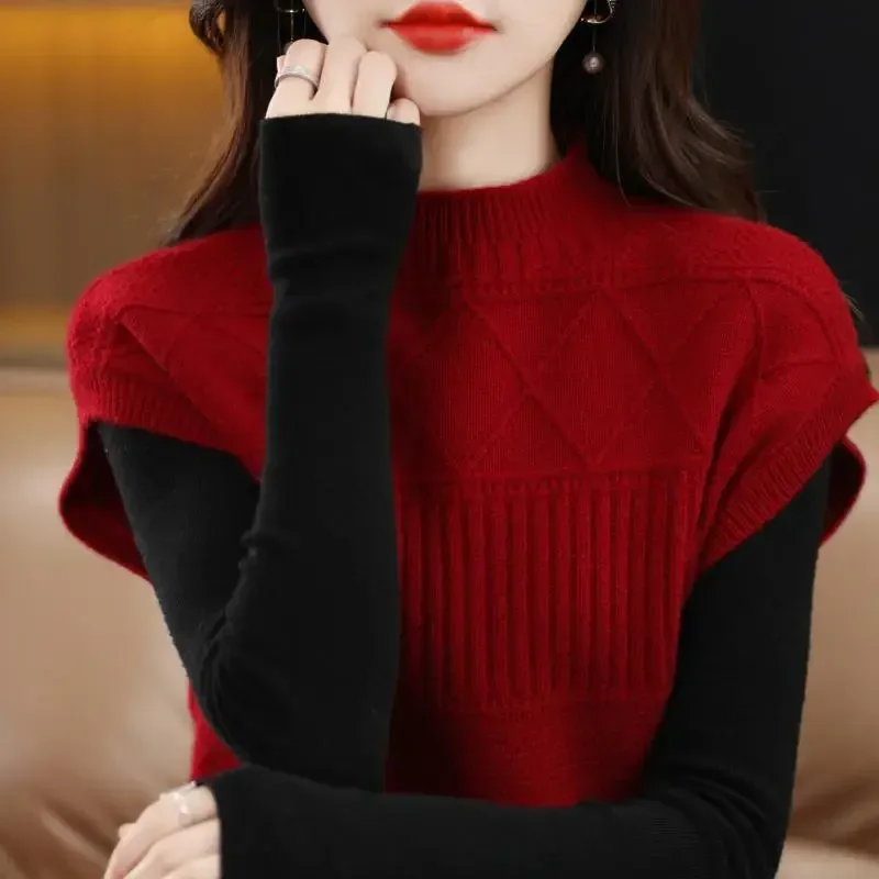 

Fashion Stand Collar Knitted Casual Vest Sweaters Women Clothing Autumn Winter Oversized Commuter Pullovers Korean Tops PH320