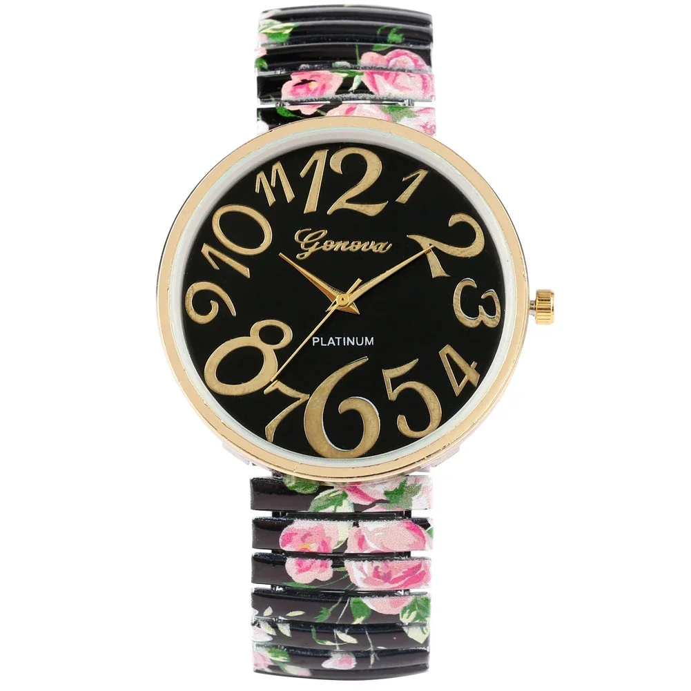 

Fashion Women Quartz Watch Large Arabic Number Dial Ladies Wristwatch Unique Elastic Printing Strap Girls Watches Reloj Mujer