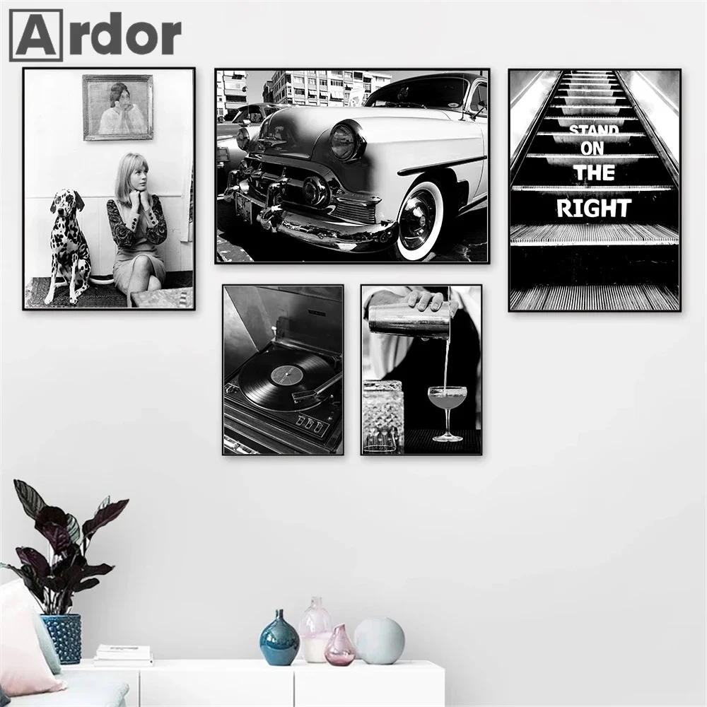 

Black and White Phonograph Vehicle Wine Art Print Fashion Girl Dog Photo Wall Art Poster Stairs Quote Canvas Painting Home Decor