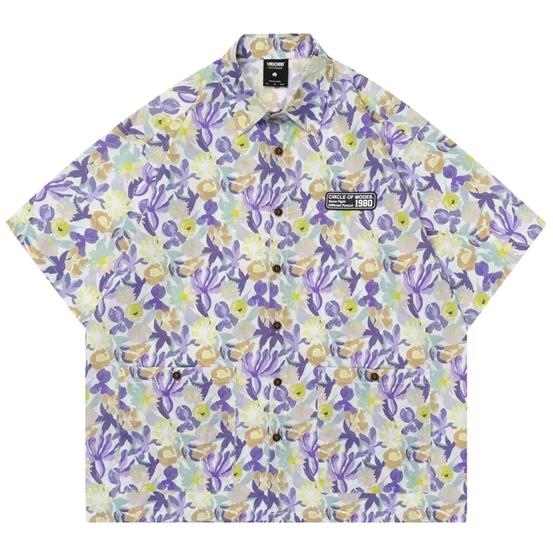 

Summer Men Hawaiian Button Shirt Hip Hop Flower Print Vintage Hawaii Beach Shirt Blouse Streetwear Fashion Casual Aloha Shirts