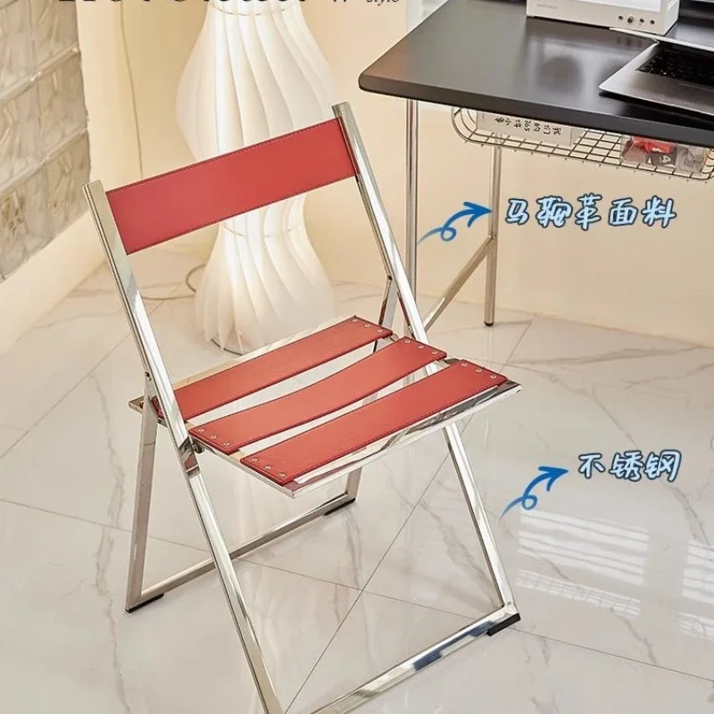Saddle Leather Dining Chair, Simple Stainless Steel Folding Chair for Home Use, Light Luxury Modern Restaurant Chair
