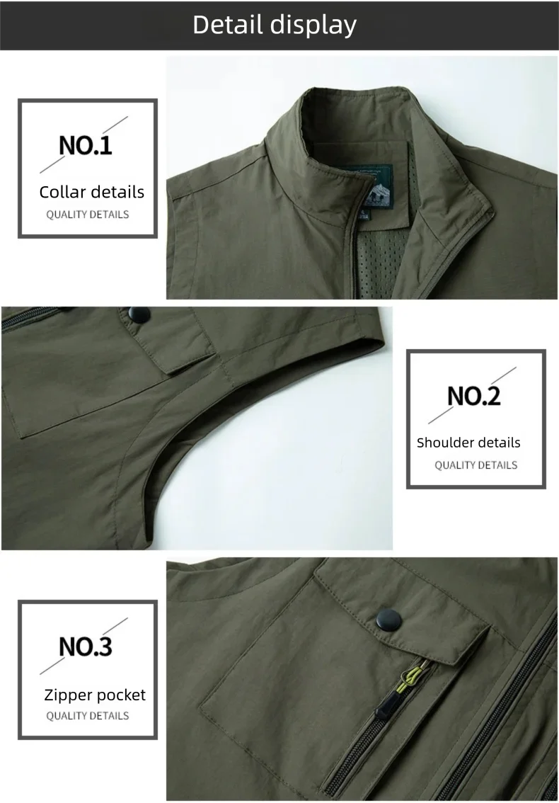 Wasserdichte ärmellose Weste für Herren, dünner vertikaler Kragen, atmungsaktive Qualitätsjacke, Weste mit mehreren Taschen für Angelfotografie – Detail 9
