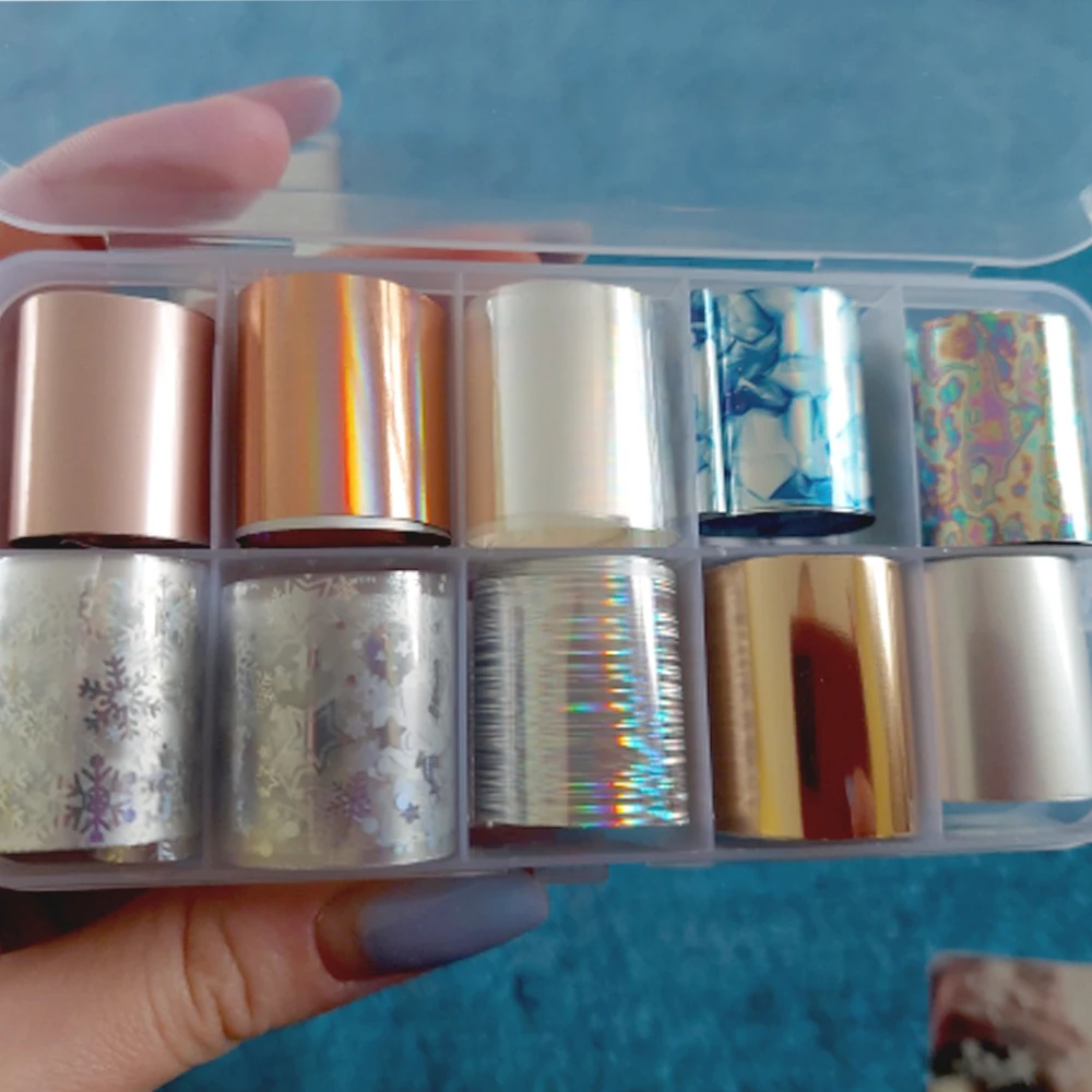 1 Box Nail Foils Stickers 10 Rolls Metal Laser Paper Transfer Foil 25