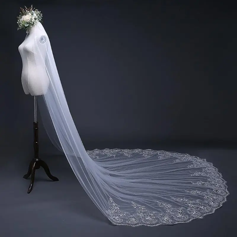 

4x1.8M 1 Tier Womens Glitter Sequins Floral Lace Trim Wedding Veil Jewelry Scall