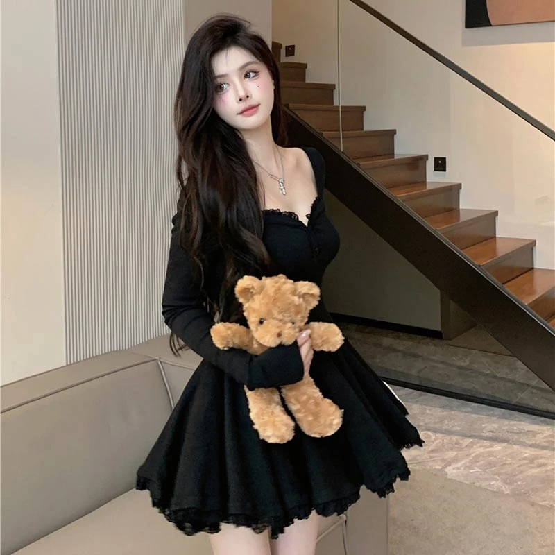 Aesthetic Girls Long Black Dresses Korean All Black Outfit Girls