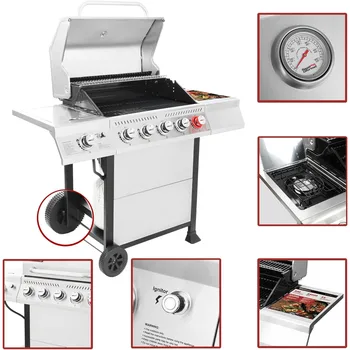 5-Burner BBQ Propane Grill, Stainless Steel Barbecue Gas Grill for Outdoor Patio Garden Picnic Backyard Cooking, 64,000 BTU 3
