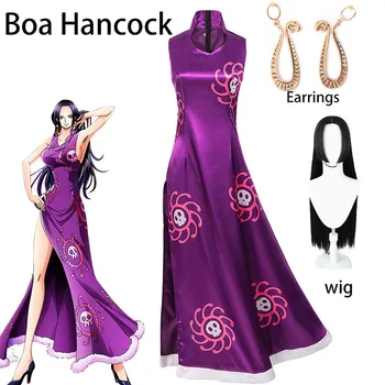 Costume Cosplay Boa Hancock Regina Pirata, Abito Cheongsam in Raso Viola con Orecchini a Serpente, Parrucca Lunga Nera, Outfit per Feste Femminili