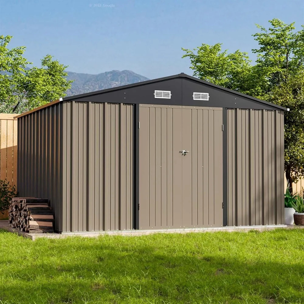 

10x8 FT Outdoor Storage Shed, Large Garden Tool Metal Shed with Sloping Roof and Double Lockable Door, Outdoor Shed , Brown