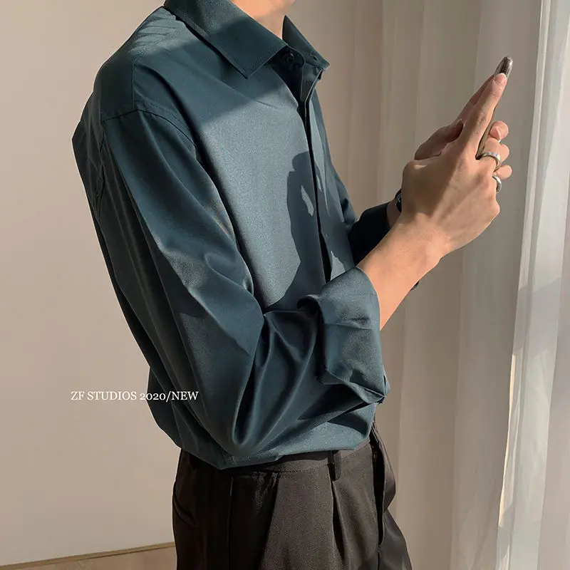 Casual White Shirt for Men Solid Color Ice Silk Long Sleeve Shirt Harajuku Loose Top Quality Drape White Japanese Streetwear long sleeve shirt,silk shirt