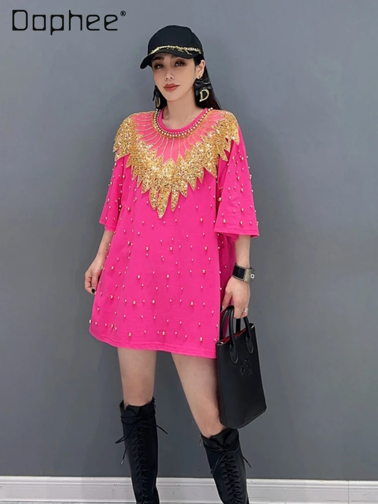 heavy-industry-beads-applique-short-sleeved-t-shirt-for-women-2024-spring-summer-elegant-fashion-loose-mid-length-round-neck-top