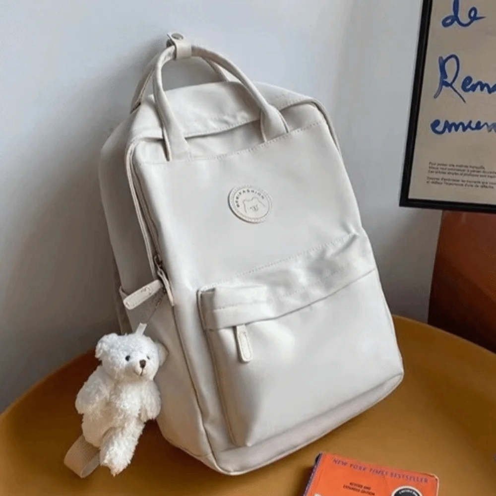 Solid Large Capacity Student Backpack Zipper Multi-Pocket Academy Girl's School Bag Spacious Nylon Plush Pendant Teens Rucksack 2