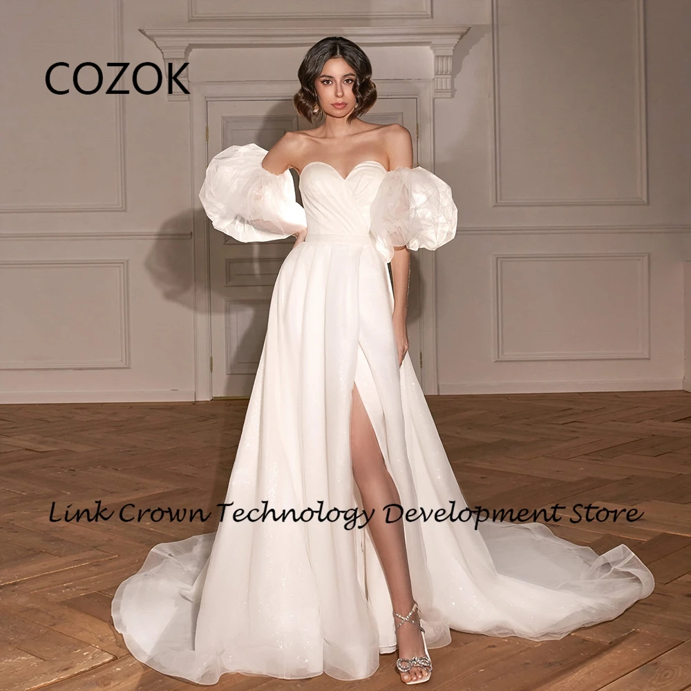 

COZOK Sweetheart Side Slit Wedding Dresses for Women 2024 Puffy Sleeve Sweep Train Bridal Gowns Pleat Summer Vestidos De Novia