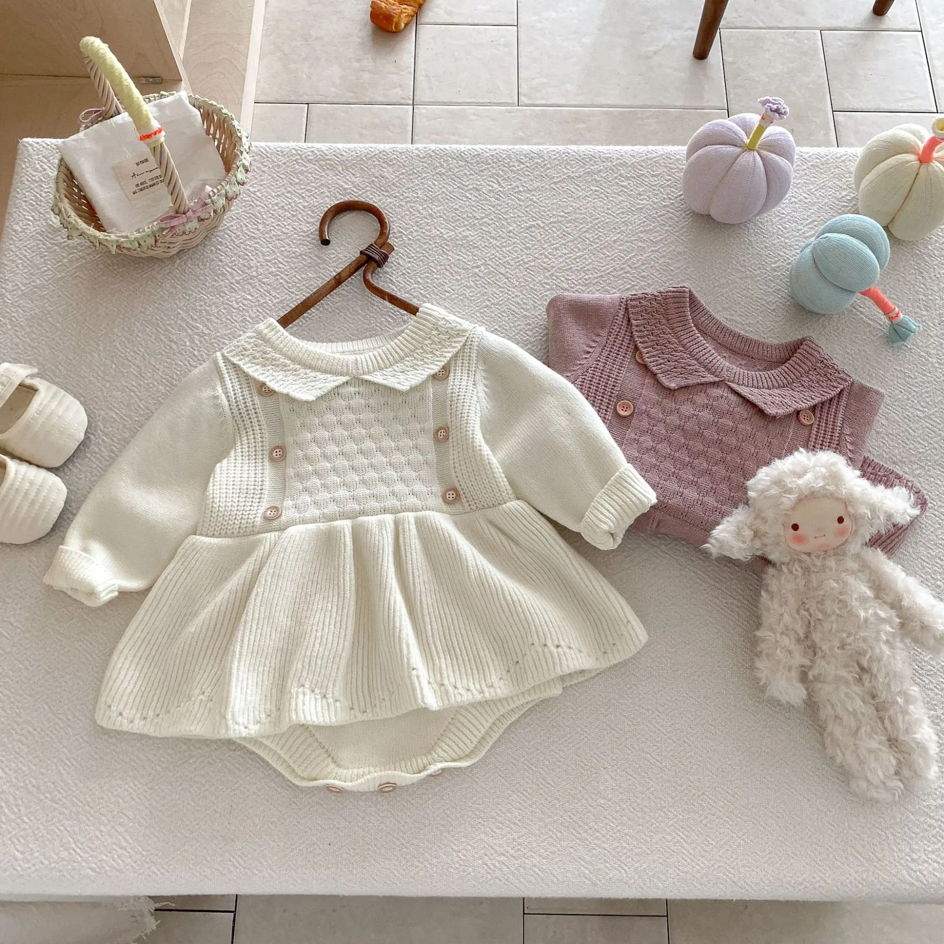 Baby Girls Knit Bodysuits Peter Pan Collar Ruffle One Piece