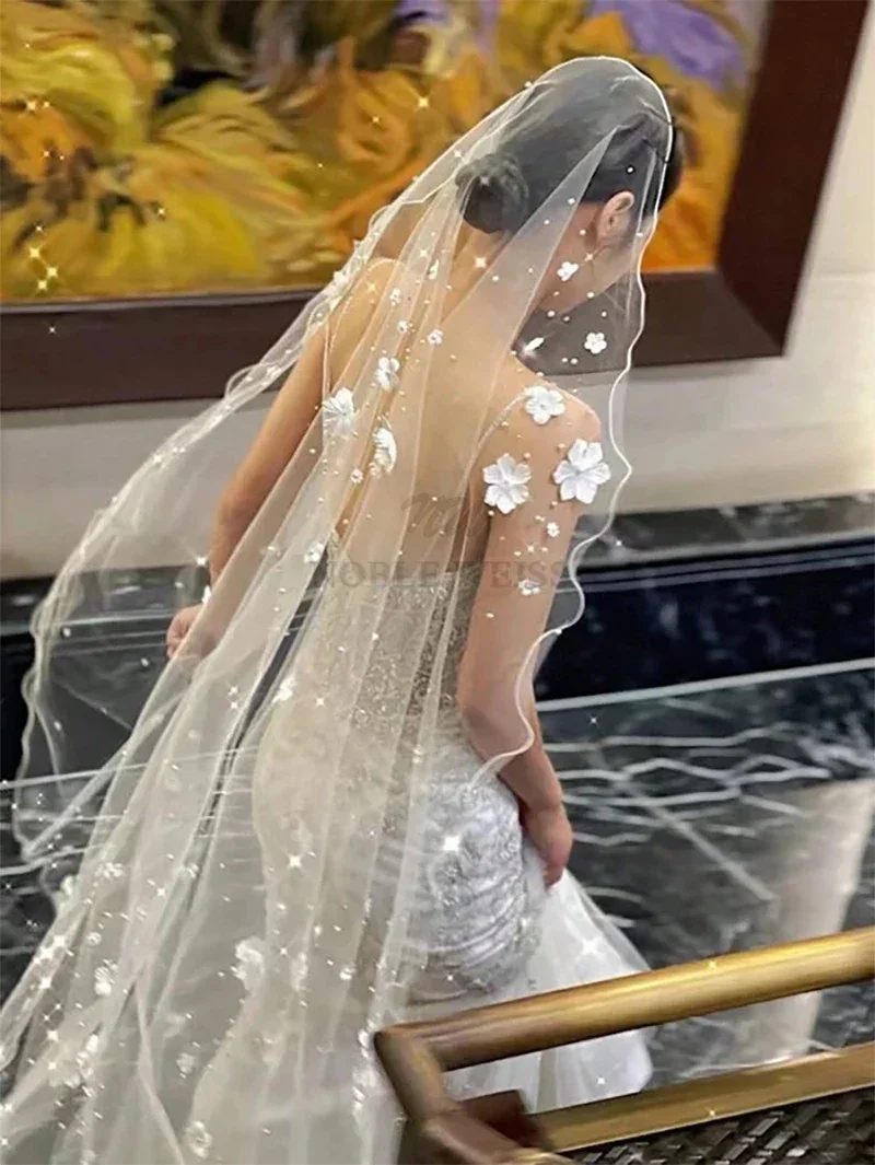 Velo da sposa lungo con perle e pettine per capelli, velo per