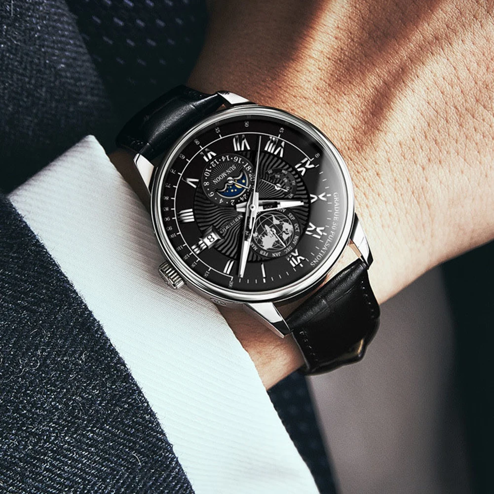 Luxury Man Watch Waterproof Chronograph Moon Phase Pattern Luminous Quartz Wristwatch Leather Strap Men Casual Clock