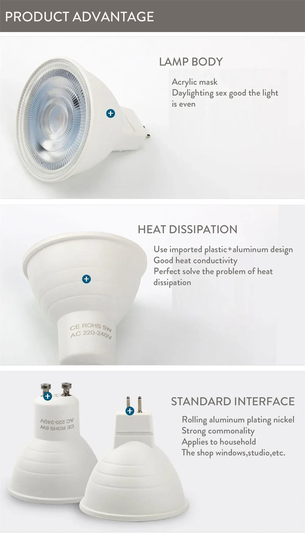 Description Picture 4 of item10X AC 220V 110V Dimmable LED Bulb Spotlight GU5.3 GU10 Spotlight 7W MR16 COB Chip 30 ° Beam Angle For Downlight Table Lamp