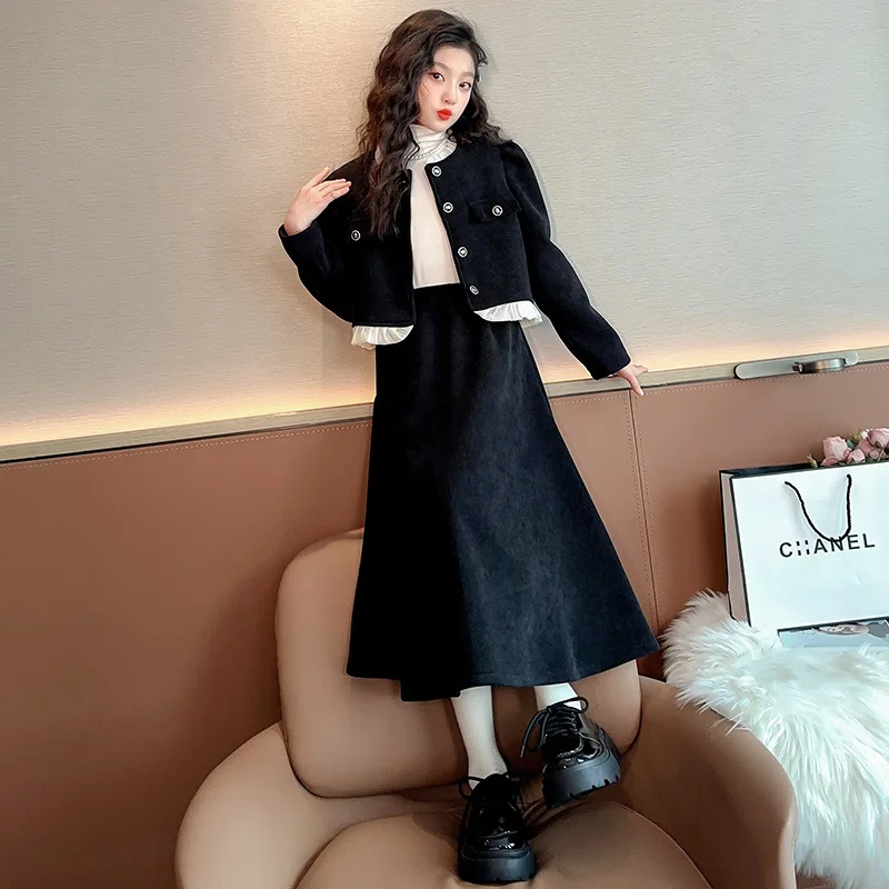 Dress Girls Short Jackets Autumn Winter Teenage Girls Clothing Set