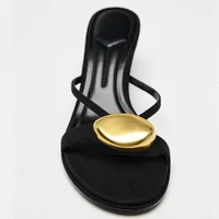 Summer 2025 Metal Decorative Black High-heeled Sandals Women Fashion Round Toe Open Toe Sexy Thin High Heel Slippers Ladies Shoe - Image 3