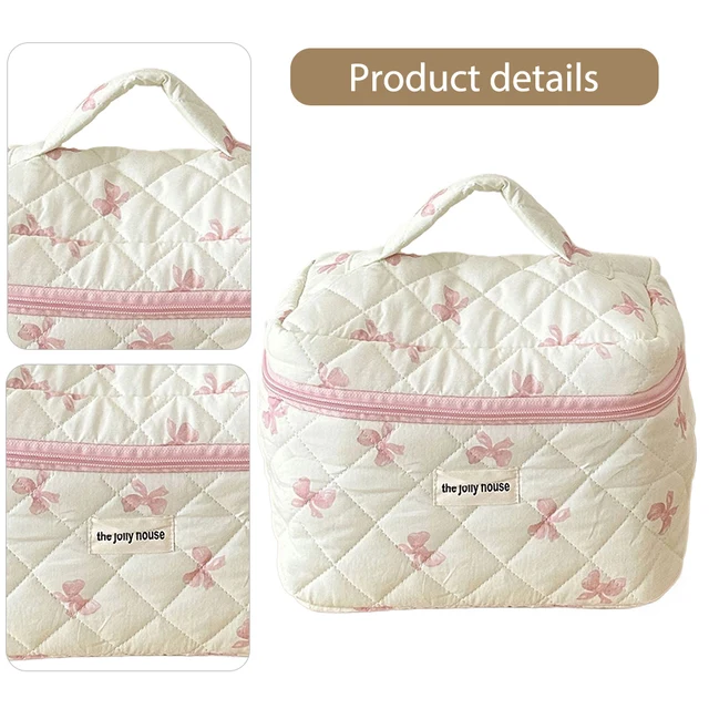 Cute Bow Toiletry Bag with Zipper Makeup Organizer Storage Bag Cotton Quilted Cosmetic Organizer Case for Women and Girls