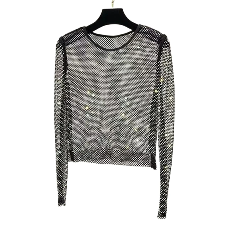 2026 New Fashion Fishnet Diamonds Long Sleeve Tops Glitter Sparky High Street Evening Club Party See Through Black Y2K T-Shirt
