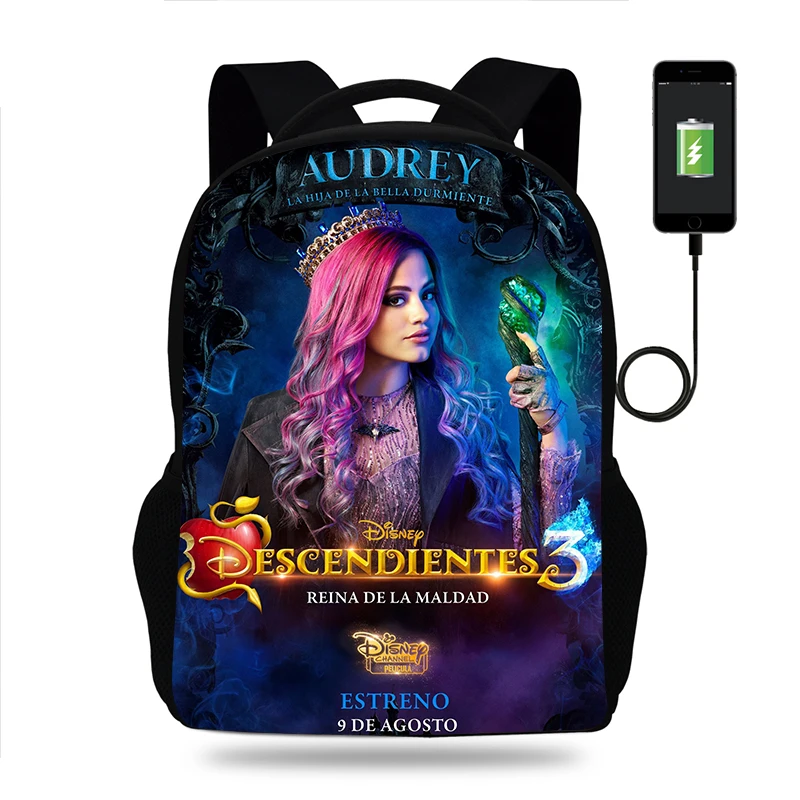 Disney Mochila de los descendientes para niño y niña, morral escolar con carga USB, Mochila de viaje diaria| -