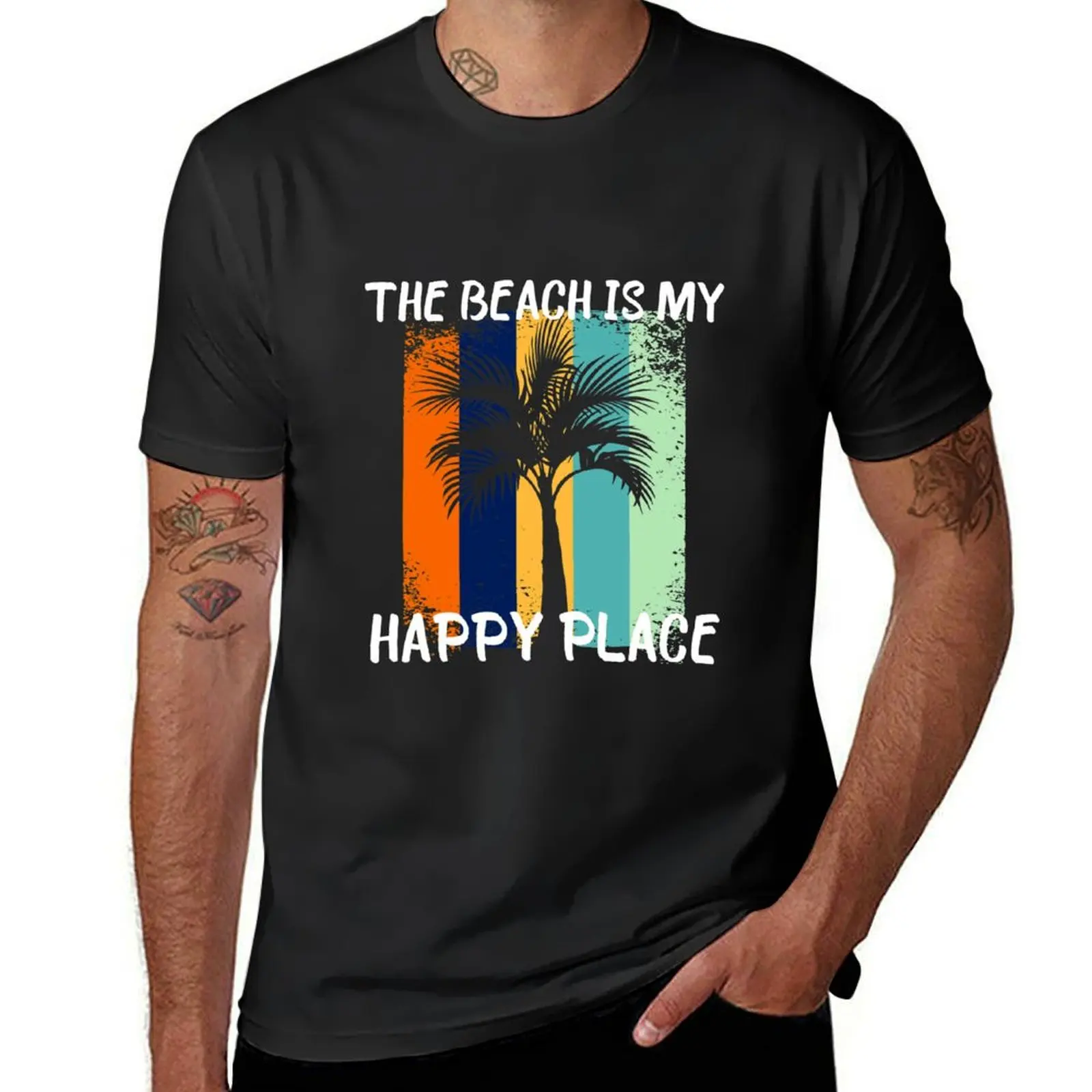 

The beach is my happy place , Summer Vacation Beach Palm Trees Retro T-shirt oversizeds men clothing