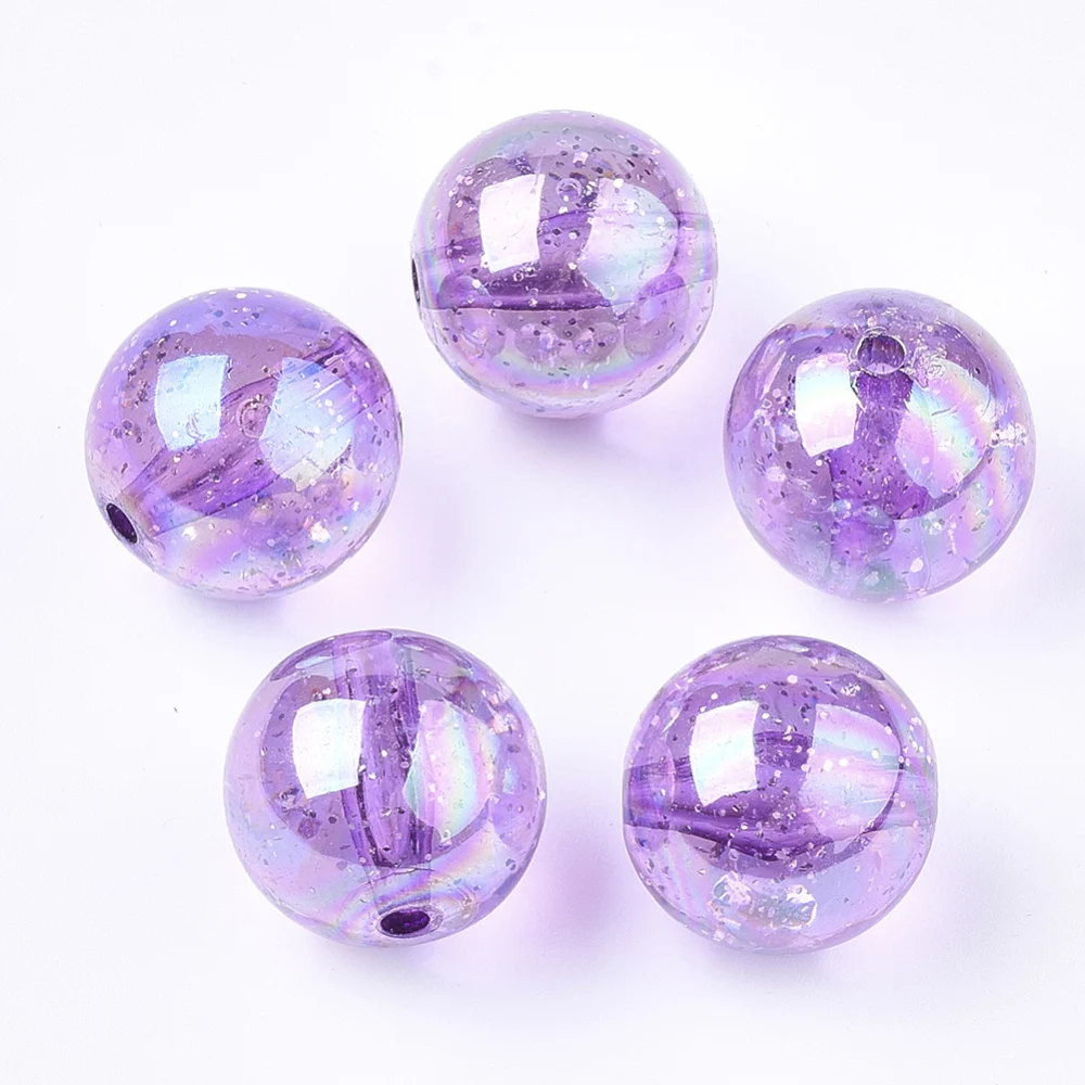 

500g Transparent Acrylic Beads with Glitter Powder Glitter Beads Round Medium Orchid 19~19.5x19mm Hole: 2.5mm about 110pcs/500g