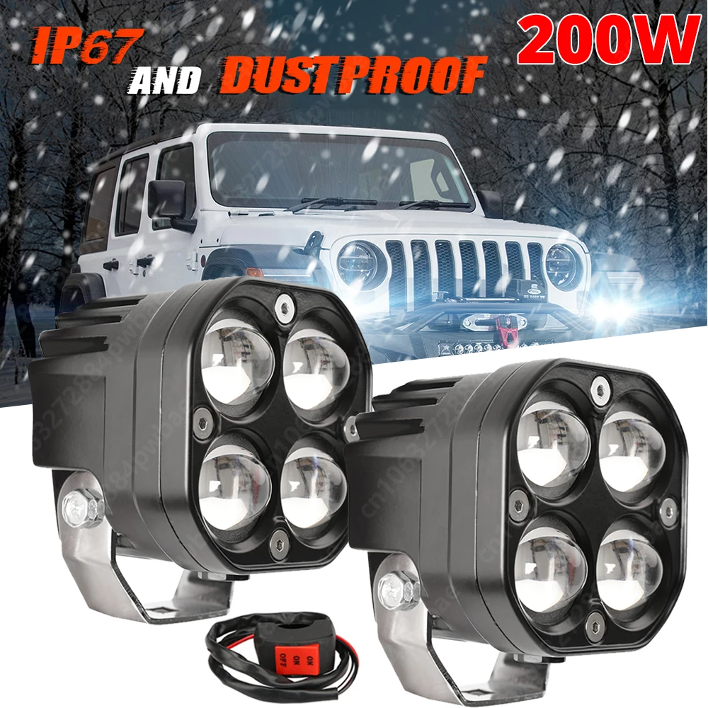 

4 Lens Motorcycle Headlight LED Spotlight 200W Work Light Dual Color Fog Lamps For Motorbike Car Truck SUV ATV Accessory 30000LM