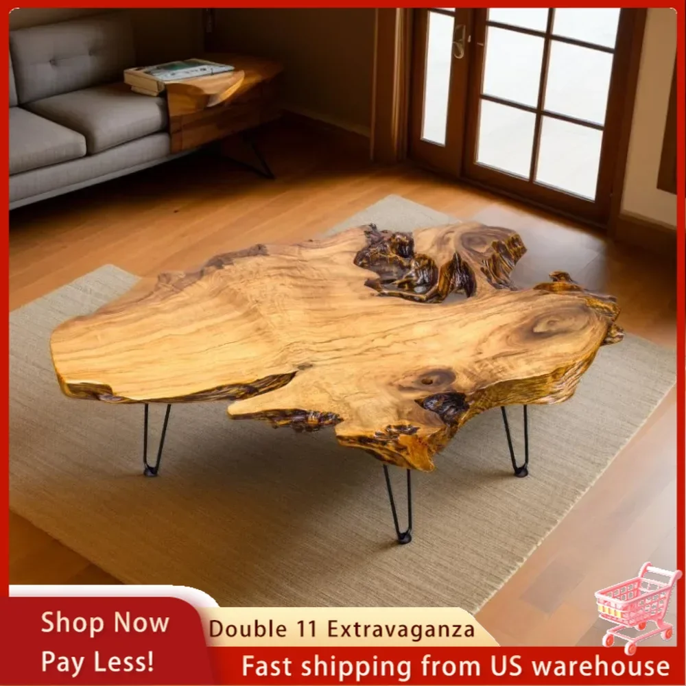 Natural Wood Coffee Table with Clear Lacquer Finish and Metal Hairpin Legs for Living Room-16" Tall-Mesa de Centro para Sala